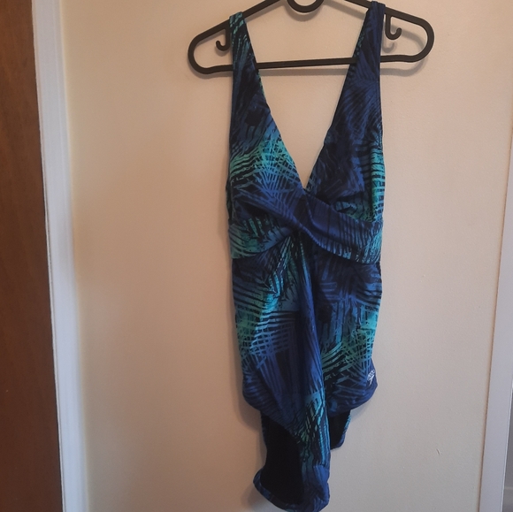 Speedo Blue Green Palm Leaf Print Swimsuit One Piece - Picture 3 of 14
